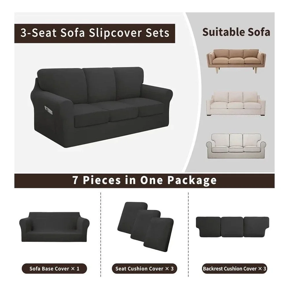 Easy-Going 7 Pieces Stretch Couch Cover Set for 3-Seat Sofa with Separate Backre
